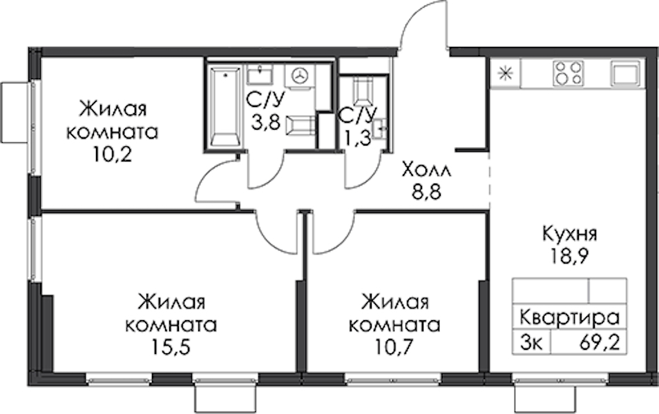 3-комнатная квартира 69.2 м², 24/24 эт., ЖК «Заречный парк»
